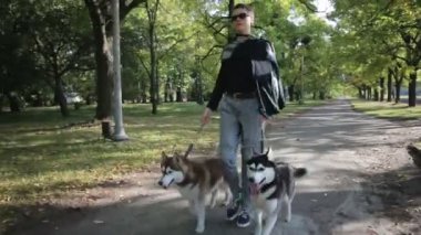 Köpeklerle parkta yürüyen kız modeli