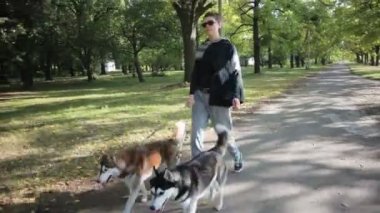 Köpeklerle parkta yürüyen kız modeli