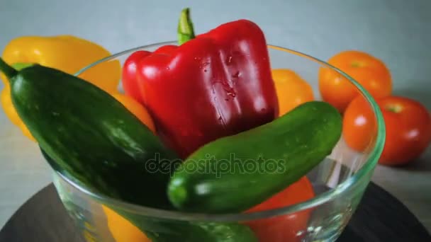 Red pepper and cucumber spinning plate — Stock Video