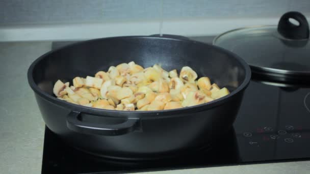 Грибы жареные с маслом в сковороде — стоковое видео