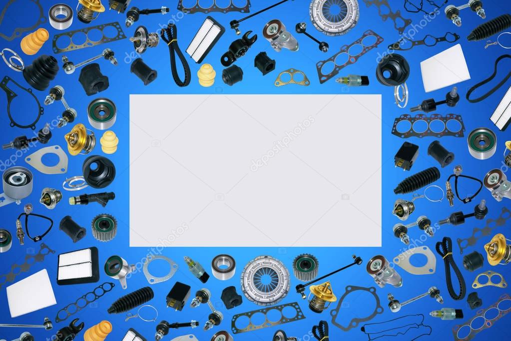 Auto parts car on the blue background set