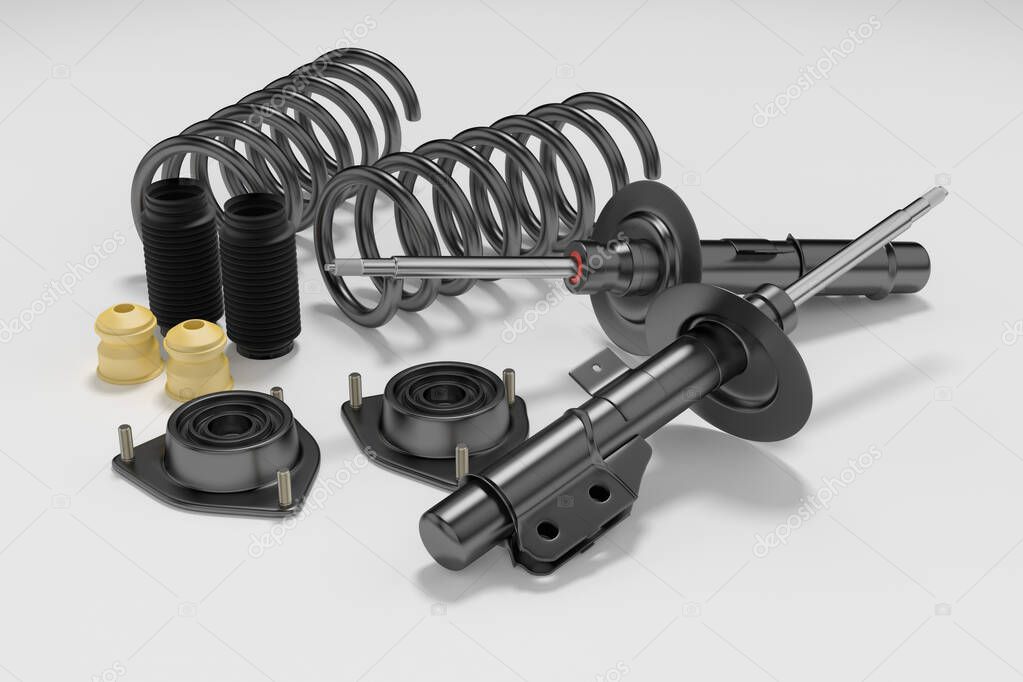 Passenger car Shock Absorber with dust cap, buffer mounting and strut mounting. 3D rendering.