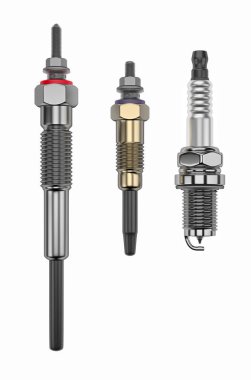 Two types of glow plug and spark plug on a white background. 3d rendering clipart