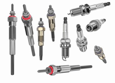 Beyaz arka planda iki çeşit buji ve buji var. 3d oluşturma