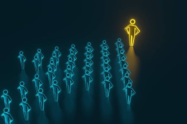 Başarılı yöneticilerden oluşan ekibin önünde lider. Önlerinde duran büyük bir liderin önderliğindeki başarılı yöneticilerden oluşan bir ekip. 3d render