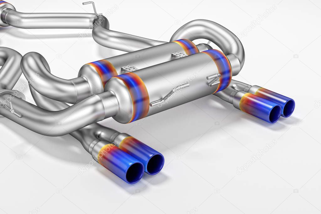 Tuning exhaust system for a sports car. Car muffler, exhaust silencer.