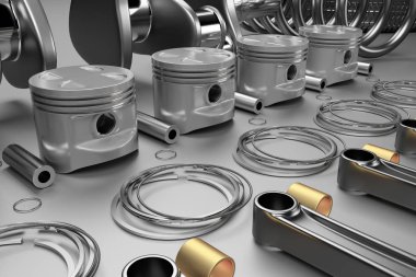 3D render. Piston ve piston halkaları ile motoru taşıyan krank mili.