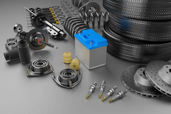 Auto parts spare parts car on the grey background. 3D rendering — Stock Photo, Image