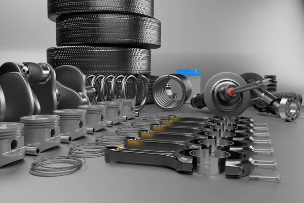 Auto Parts reserveonderdelen Car op de grijze achtergrond. 3D-rendering — Stockfoto