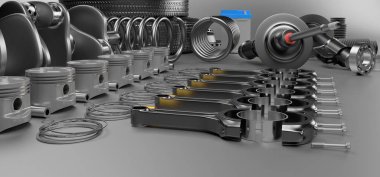 Gri arka planda otomobil yedek parça araba. 3d render