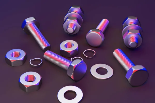 Bolts, nuts, washers, growers. 3D rendering — Stock Photo, Image