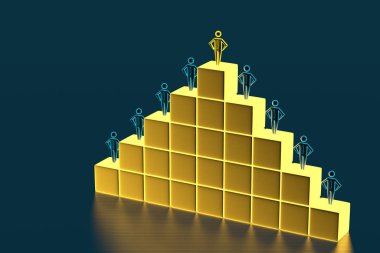 İş adamlarına büyüteçle bakın. Bir merdiven şeklinde küpler üzerinde durmak insanların rakamlar. 3d render