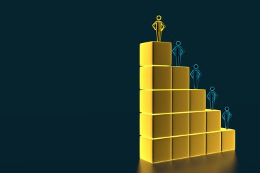 İş adamlarına büyüteçle bakın. Bir merdiven şeklinde küpler üzerinde durmak insanların rakamlar. 3d render