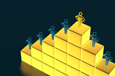 İş adamlarına büyüteçle bakın. Bir merdiven şeklinde küpler üzerinde durmak insanların rakamlar. 3d render