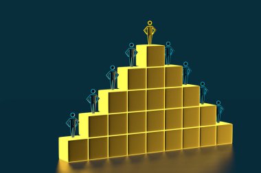 İş adamlarına büyüteçle bakın. Bir merdiven şeklinde küpler üzerinde durmak insanların rakamlar. 3d render