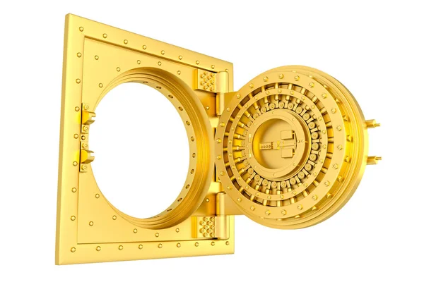 Vista frontal da porta do cofre do banco de ouro claro, aberta. Renderização 3D — Fotografia de Stock
