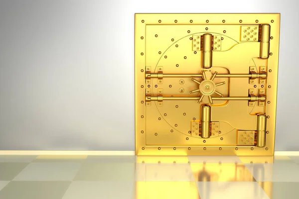 Front view of light gold bank vault door, closed. 3D Render — Stock Photo, Image