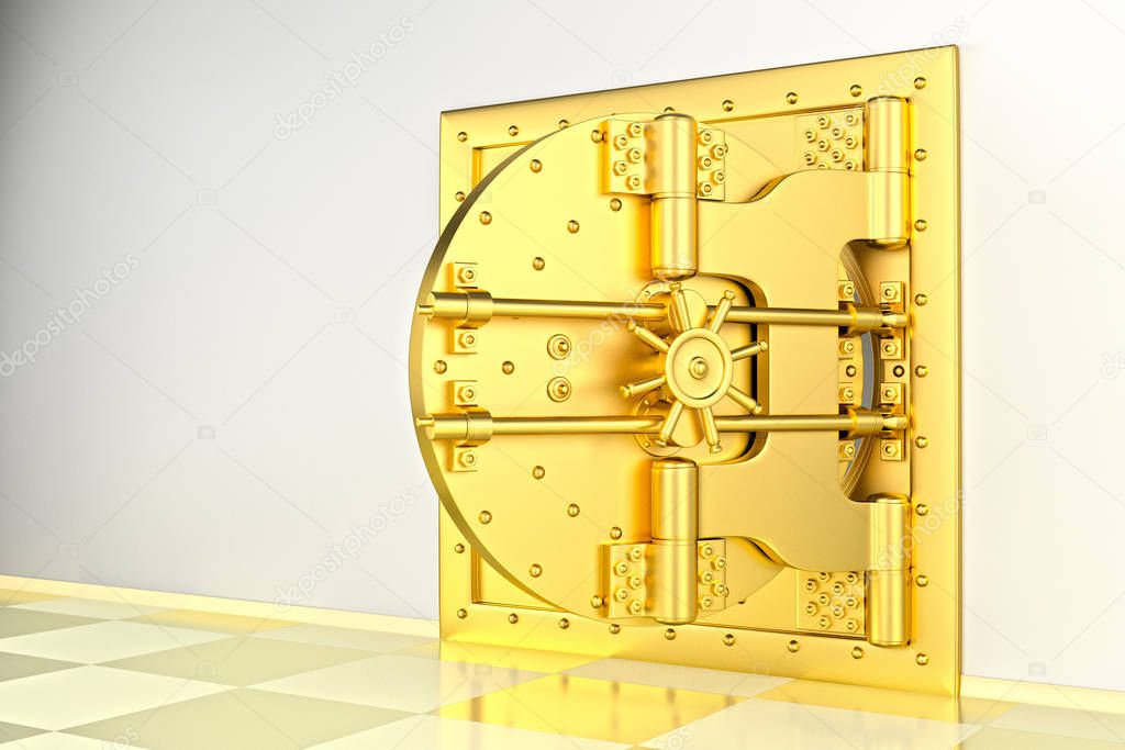 Front view of light gold bank vault door, open. 3D Render