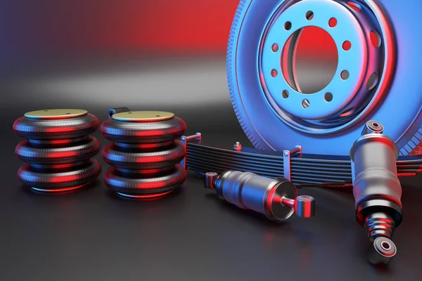 Ticari nakliye kamyonu için birçok yeni yedek parça.