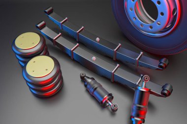 Ticari nakliye kamyonu için birçok yeni yedek parça.