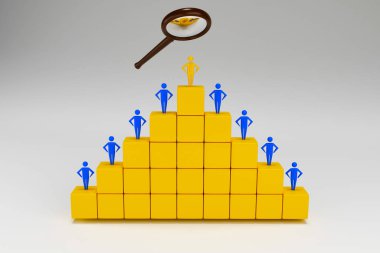 İş adamlarına büyüteçle bakın. Bir merdiven şeklinde küpler üzerinde durmak insanların rakamlar. 3d render