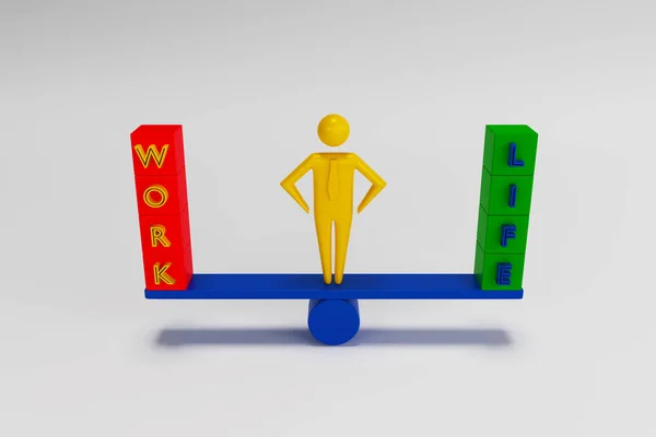 Figurine av en affärsman som står på fjäll, å ena sidan arbete, å andra sidan liv. 3D-rendering — Stockfoto