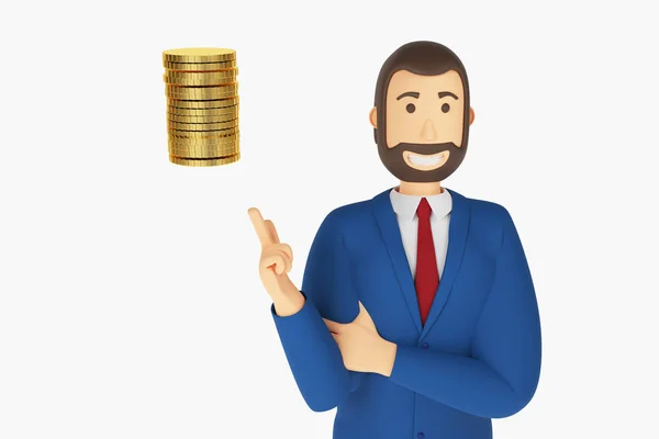 Personaje de dibujos animados, hombre de negocios en traje con el dedo en la punta de una moneda de oro. renderizado 3d —  Fotos de Stock
