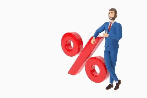 A drawn cartoon businessman leans on a big red percentage symbol. 3D rendering — Stock Photo, Image