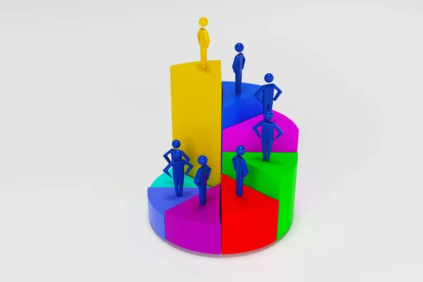 3d Human Figures On Multi Colored Pie Chart Over Desk. 3d rendering — Stock Photo, Image