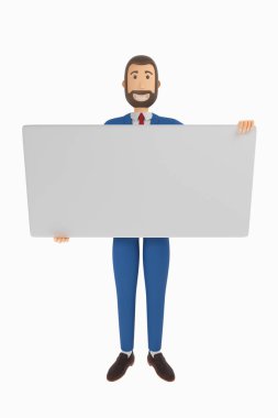 Çizgili bir karikatür işadamının elinde kartviziti var. 3d oluşturma