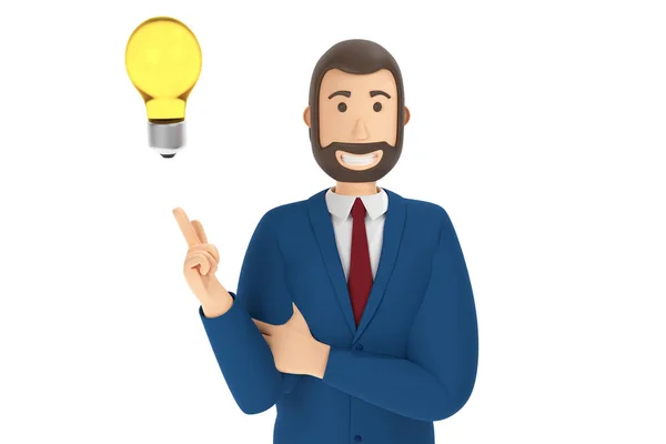 Zeichentrickfigur, Geschäftsmann im Anzug, der mit dem Finger auf eine Idee zeigt. 3D-Darstellung — Stockfoto