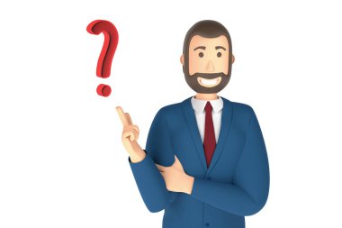 Çizgi film karakteri, takım elbiseli iş adamı ve soru işaretini işaret eden biri. 3d oluşturma