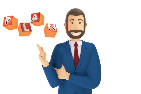 Tecknad karaktär, affärsman i kostym med pekfingret på en plan. 3d-konvertering — Stockfoto