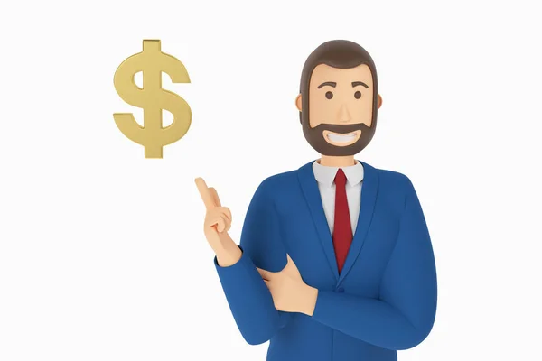 Tecknad karaktär, affärsman i kostym med pekfingret på en gulddollar. 3d-konvertering — Stockfoto