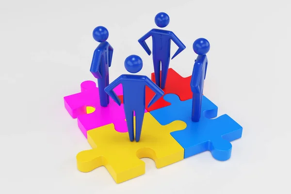 Four 3d man are standing on pieces of the puzzle. 3d rendering — Stock Photo, Image