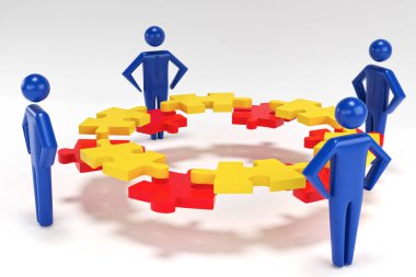 Dört insan 3d figürleri ellerinde bir bulmaca parçaları tutuyor. 3d render