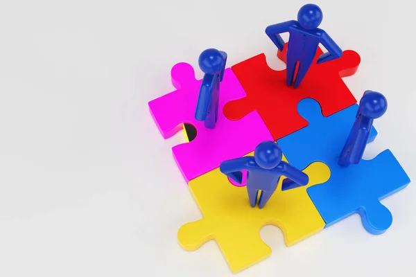 Four 3d man are standing on pieces of the puzzle. 3d rendering — Stock Photo, Image