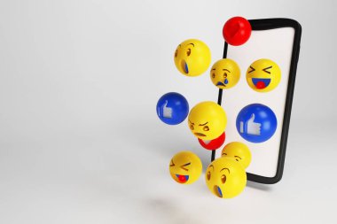 Emoji seti, cep telefonlu mutlu bir gülen yüz tasarımı. 3d oluşturma