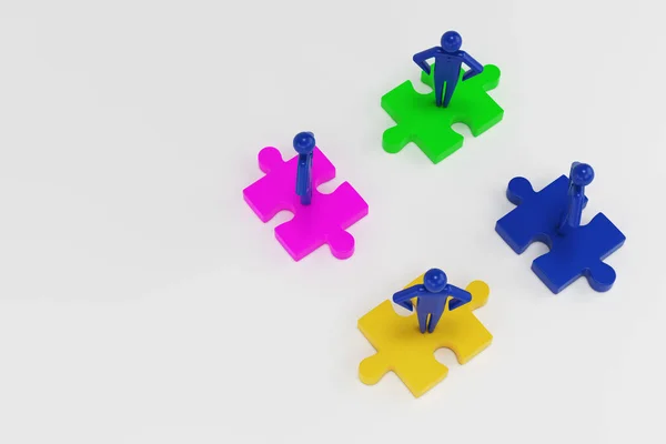 Four 3d man are standing on pieces of the puzzle. 3d rendering — Stock Photo, Image