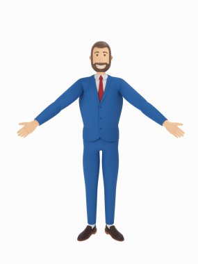 Çizgi film karakteri karşılama görevlisi. Yetişkin adam takıma hoş geldin diyor. 3d oluşturma