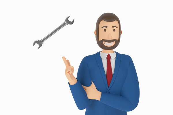 Cartoon character, businessman in suit with pointing finger at wrench. 3d rendering