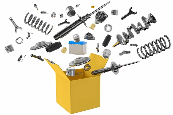 Many spare parts flying out of the box gray background. Isolated auto spare parts on gray background. 3D rendering — Stock Photo, Image