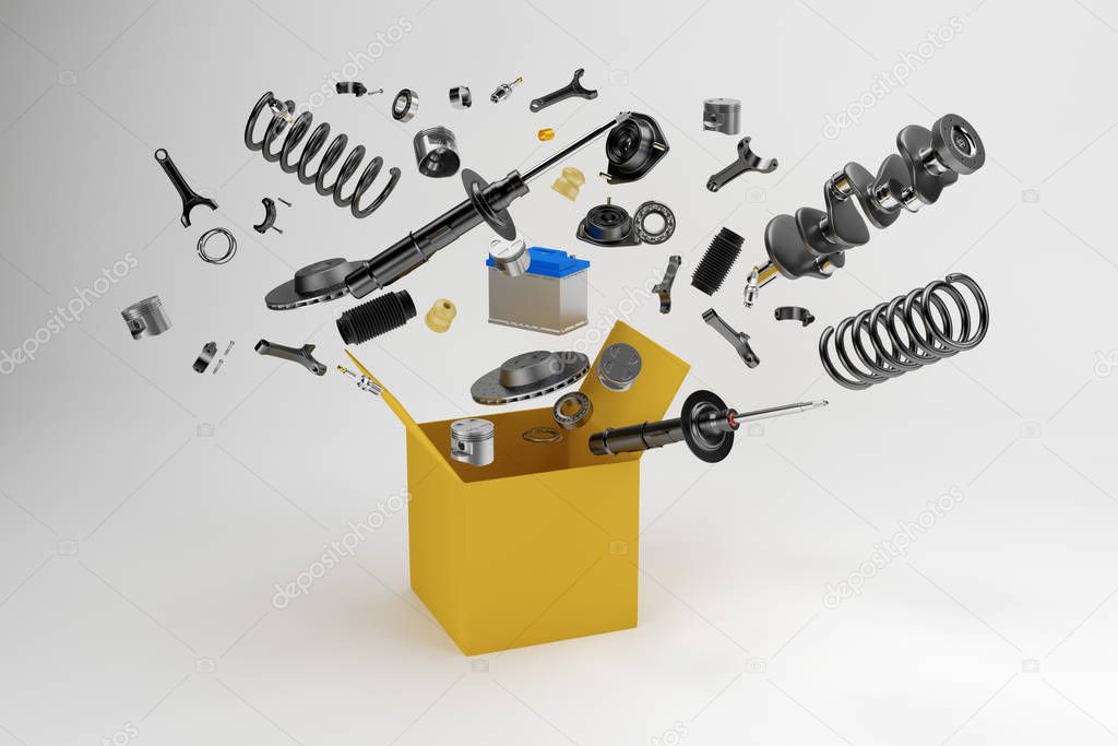 Many spare parts flying out of the box gray background. Isolated auto spare parts on gray background. 3D rendering