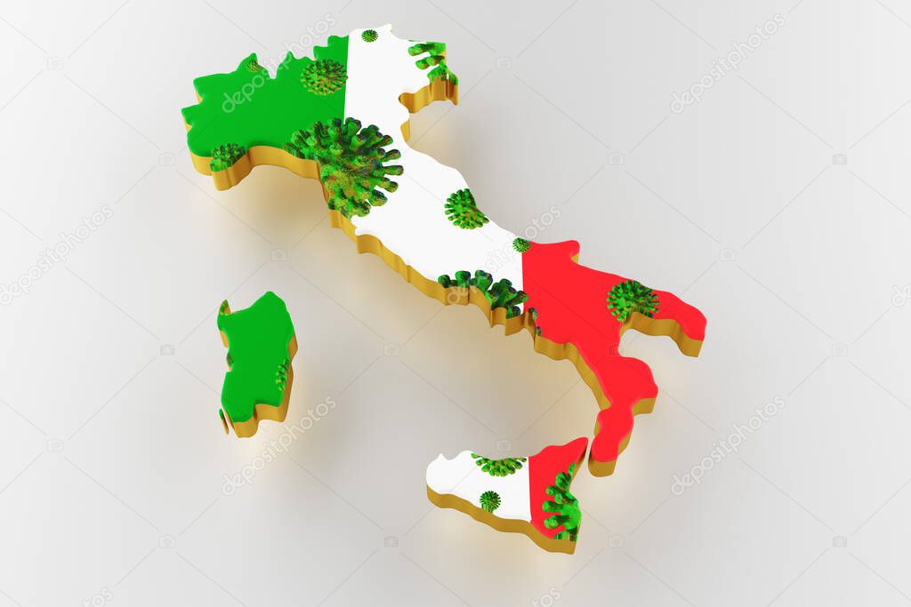 Image of coronavirus on a map of italy. 3d rendering