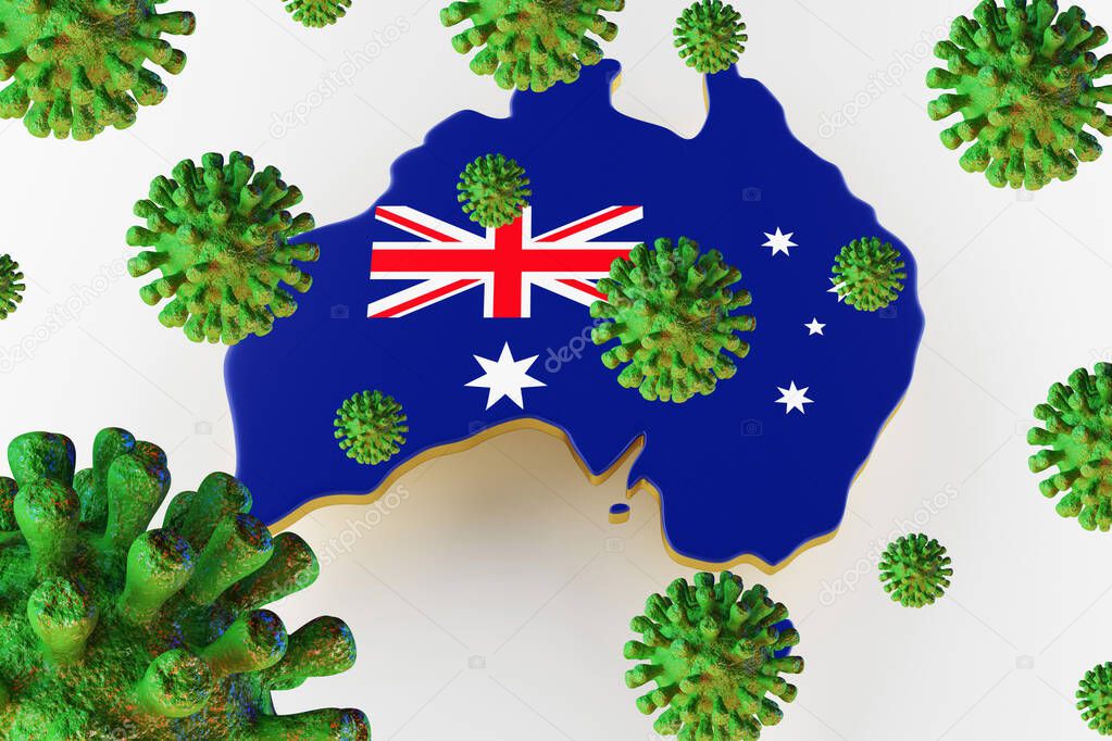 Contagious HIV AIDS, Flur or Coronavirus with Australia map. 3D rendering