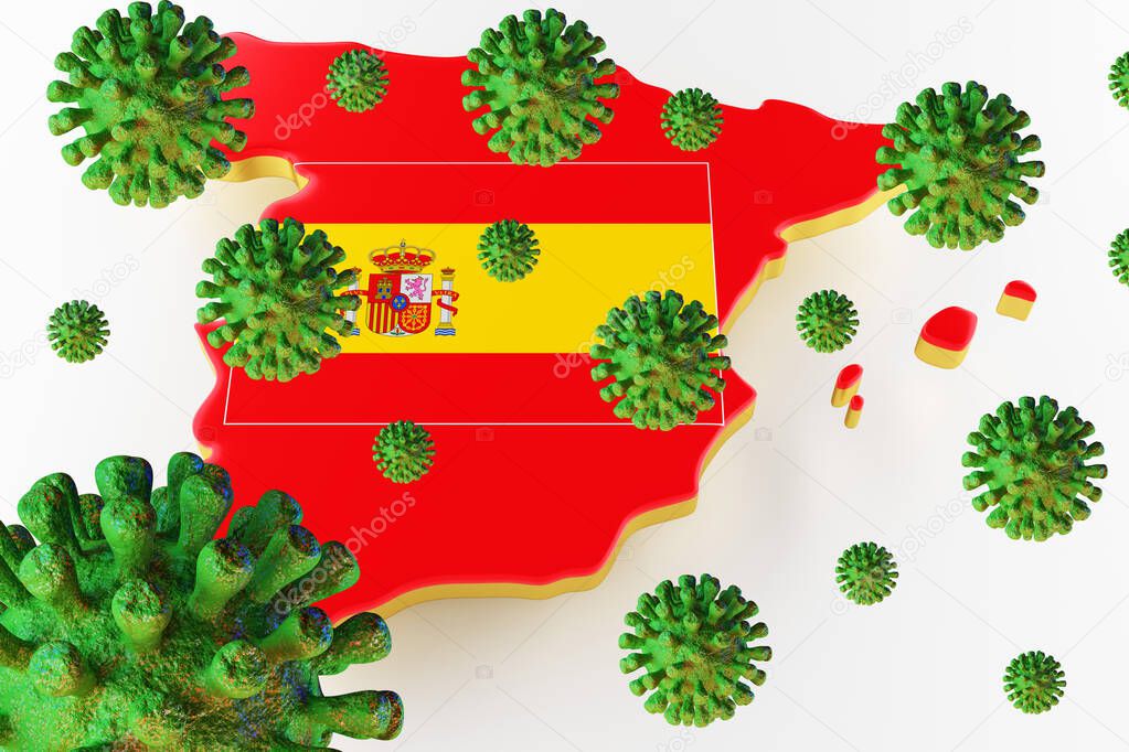 Contagious HIV AIDS, Flur or Coronavirus with Spain map. 3D rendering