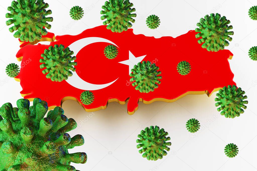 Contagious HIV AIDS, Flur or Coronavirus with Turkish map. 3D rendering