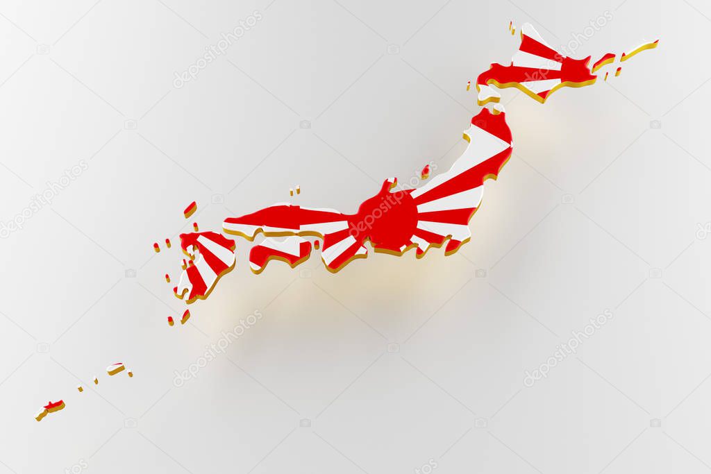 Map of Japan land border with flag. Japan map on white background. 3d rendering