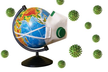 Coronavirus. Corona virüs konsepti dünyası. Dünya, Corona virüsüyle savaşmak için maske taktı