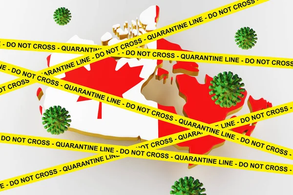 Focolaio di coronavirus e coronavirus influenza 2019-ncov sulla bandiera nazionale sventolata del Canada. Rendering 3D . — Foto Stock